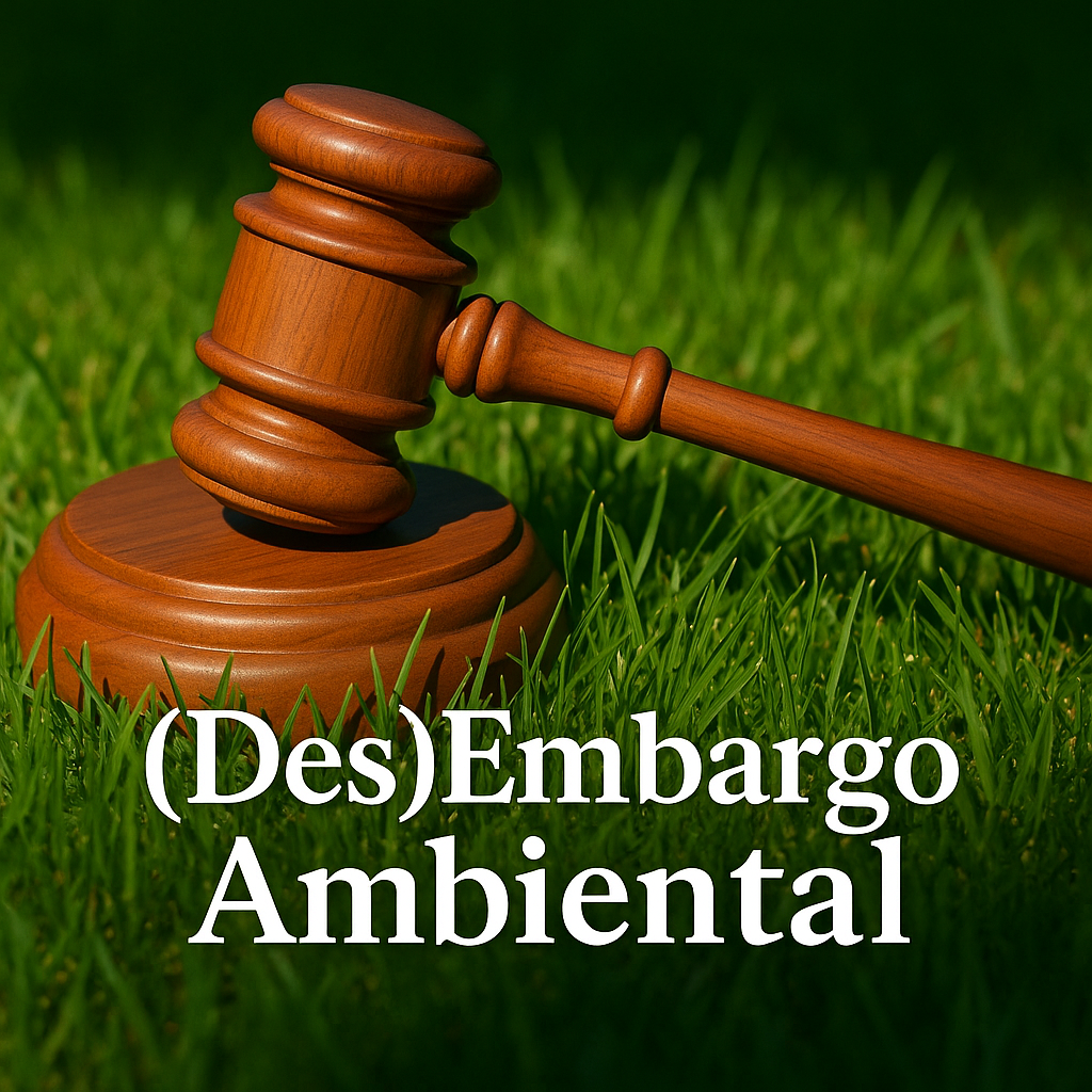 Demonstrar os dois lados do embargo. Um o martelo da justiça e o outro o campo sendo afetado.